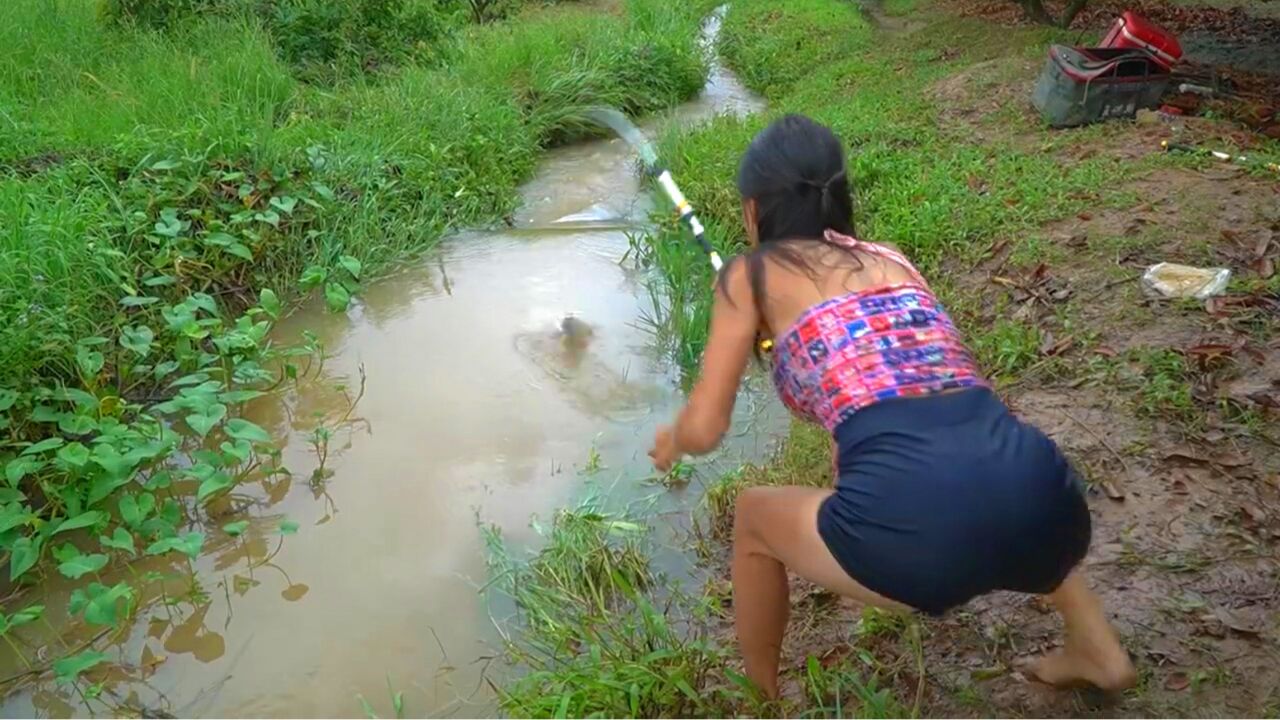 大雨过后,妹子来小河沟钓鱼,哇!鱼儿连连上钩,这样钓鱼才爽