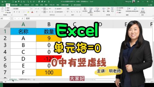 Excel设置单元格等于0，中间有一条竖虚线