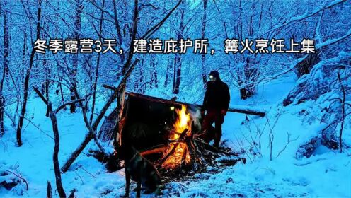冬季露营3天，建造庇护所，篝火烹饪上集